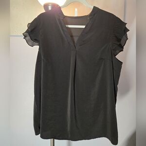 Black Ruffled Flutter Sleeve Blouse with Mandarin Collar